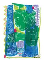 praatstok, kleurrijke print met blauw en groen