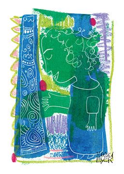 praatstok, kleurrijke print met blauw en groen van mariska eyck
