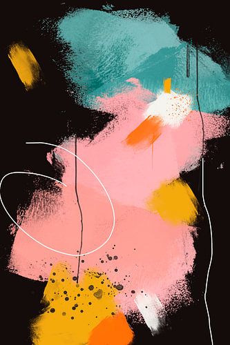 Abstract artwork in pink, blue/green, mustard yellow, black and white whites
