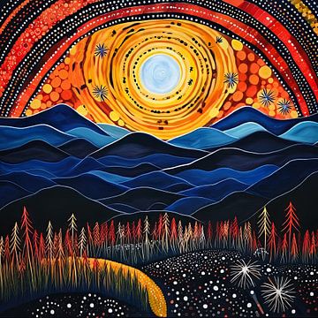Blauwe bergen Aboriginal stijl Schilderij van Virgil Quinn - Decorative Arts