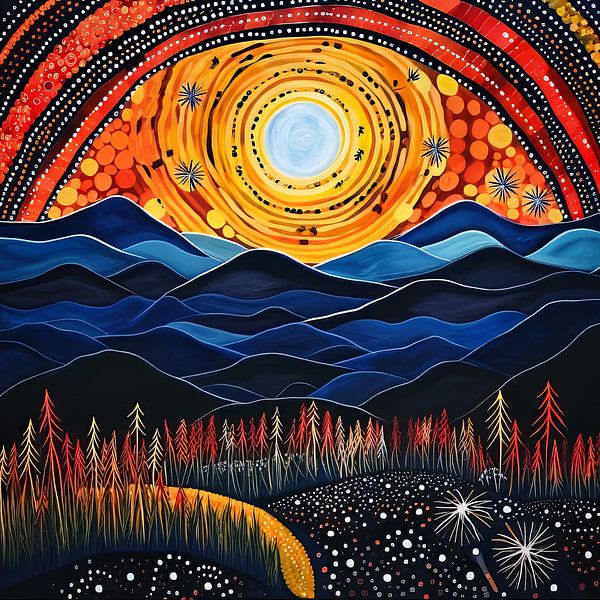 Blue mountains Aboriginal style Painting by Virgil Quinn - Decorative Arts
