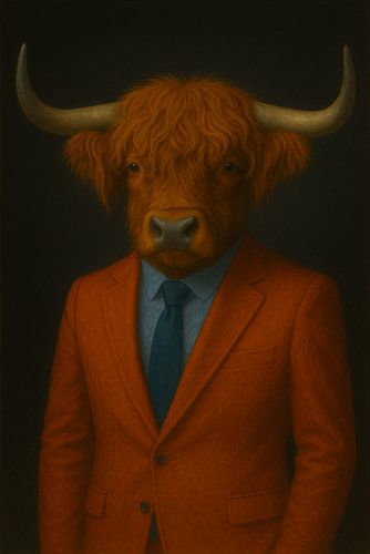 Stijlvolle stier – oranje pak met blauwe das