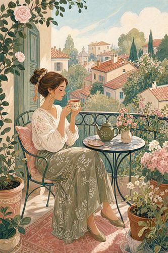 Woman Enjoying Tea on a Balcony