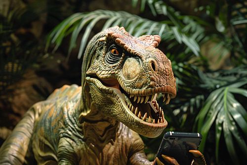 Dinosaurus met smartphone in moderne tijden