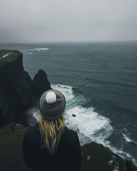 Junge Frau schaut über die Küstenlandschaft von fernlichtsicht