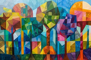 Abstracte kleurrijke bomen in geometrische stad van De Muurdecoratie