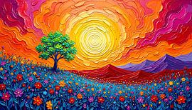 Landschaft im Sonnenuntergang mit Bergen von AidasignArt
