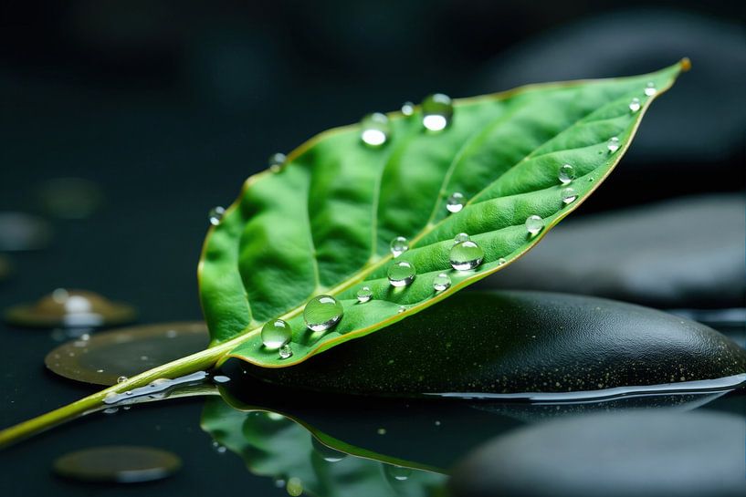 Green Leaf with Water Droplets on Dark Stones in Water by Markus Gann
