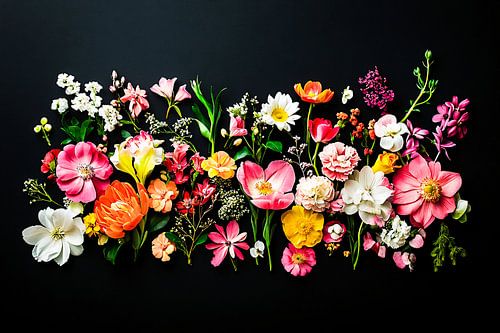 Kleurrijk bloemenarrangement met donkere achtergrond