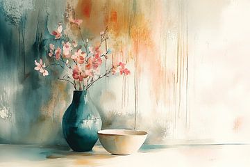 Turquoise vaas in aquarel no.7 van Studio BB