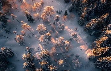 Besneeuwde bomen vanuit vogelperspectief van fernlichtsicht