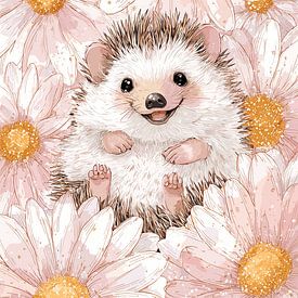 Smiling hedgehog among flowers by Pixelbull Design