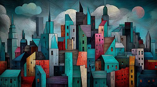 Abstracte skyline grote stad bij zonsondergang