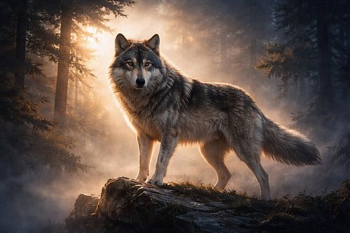 Majestueuze wolf in mistig boslicht