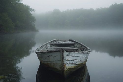 Oude houten boot in mist