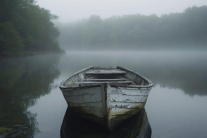Old wooden boat in fog by Art & Soul Creations