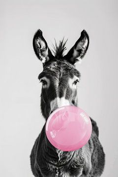 Ezel blaast een grote roze kauwgom tegen een witte achtergrond van Felix Brönnimann
