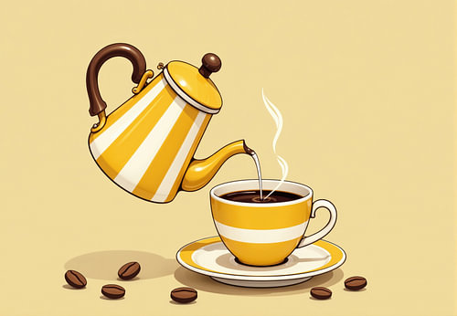 Koffiepot die koffie in een theekopje met schoteltje schenkt