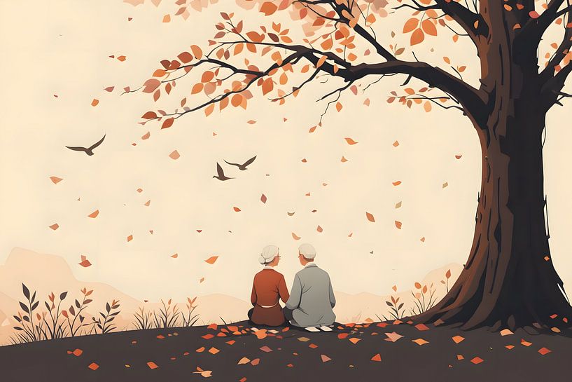 Autumn Companionship Under Tree by DNArt Gallery's