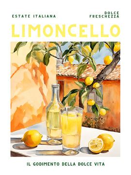 Limoncello poster met fles, glas, citroenen, aquarel van Kim Karol / Ohkimiko