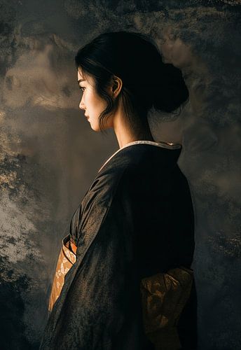 Eleganz im Schatten: Porträt einer asiatischen Frau im Kimono
