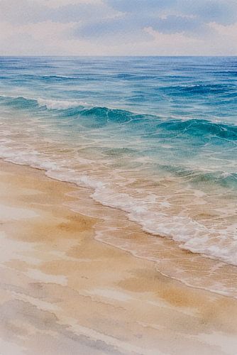 Turquoise oceaangolven ontmoeten goudkleurig zand – Rustig kustlandschap in aquarel