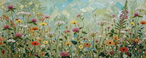 Botanische Blumenwiese in einer stimmungsvollen grünen Umgebung