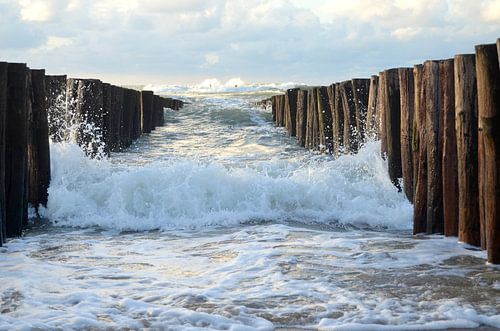Vague contre la tête de la pile sur Oostkapelle Fotografie