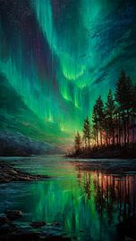 Een etherische noorderlicht boven Pine Forest Lake in olieverfstijl