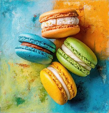 Digitale kunst, popart,  macaron, blauw, groen, geel en oranje, Andy Warhol stijl van BowiScapes abstract en digitale kunst