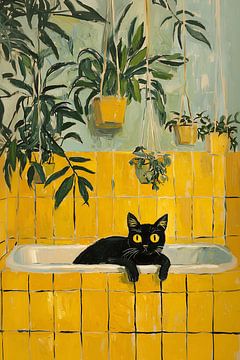 Zwarte kat in gele badkuip