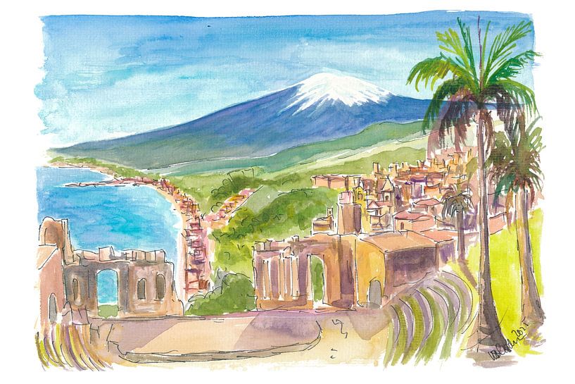 Taormina droomt van de Etna die boven de zee uittorent van Markus Bleichner