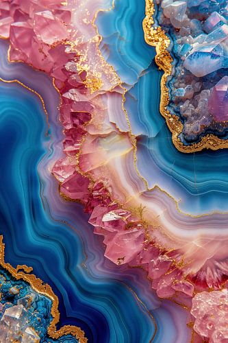 Marmer Blauw met Roze chrystallen en goud nerven