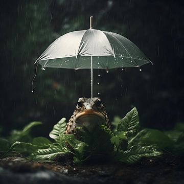 Under mother's umbrella - Frog in the rain by Karina Brouwer