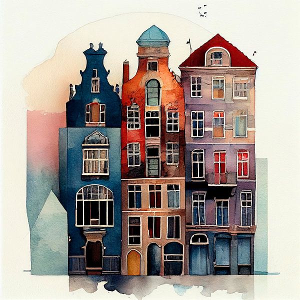 Amsterdamer Grachtenhäuser mit Aquarell von Maarten Knops