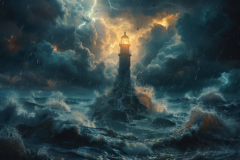 Dramatic lighthouse in the middle of a stormy sea at sunset by Poster Art Shop