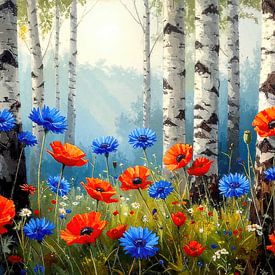 Birkenwald mit Blumenwiese und Lichtung von AidasignArt