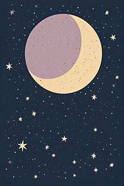 Zauberhafte Wanddekoration mit Mond und Sternen – Minimalistische Illustration des Nachthimmels mit violettem und gelbem Halbmond von VICTOR S