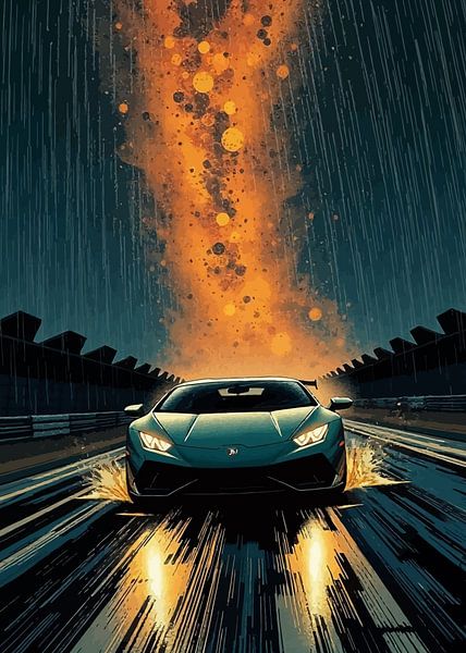 Black Lamborghini Huracán – Speeding on Raining Circuit with Orange Galaxy Sky by MIROKKU