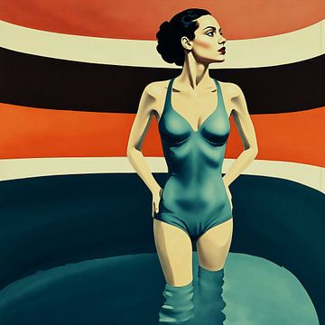 Mutige Retro-Frau im blaugrünen Badeanzug