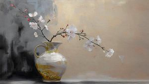 Japandi-Stillleben: Goldene Vase mit Blüten in stimmungsvollem Licht
