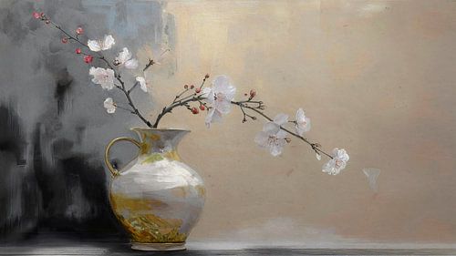 Japandi stilleven: Gouden vaas met bloesem in sfeervol licht