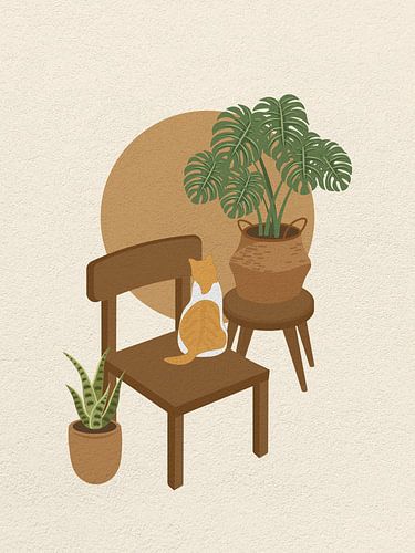 Minimal art van een kat op een stoel met een plant op een kamer