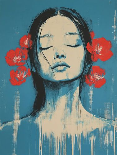 Vrouw met Bloem | Serene Vrouw met Slapende Ogen en Bloem