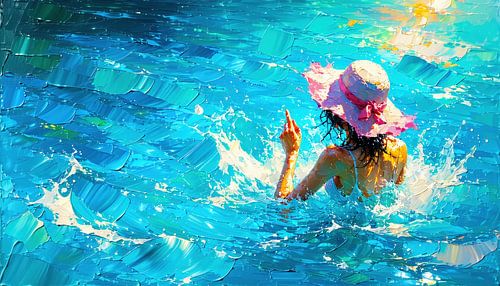 De vrouw met de roze zonnehoed - Een zomers moment vol elegantie in het glinsterende zwembad