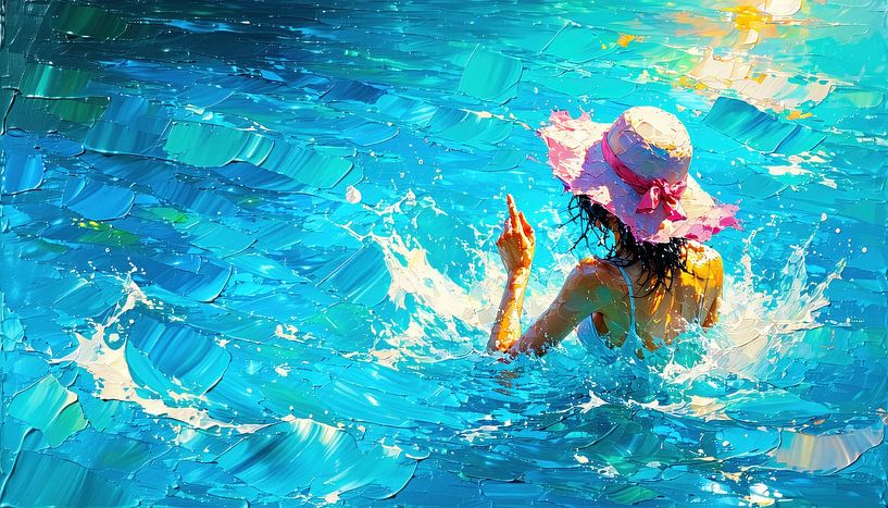 The woman in the pink sun hat - A summery moment full of elegance in the shimmering pool by AidasignArt