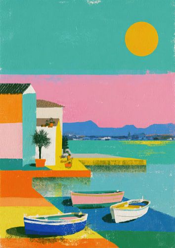 Coastal panorama with boats in front of a large yellow sun