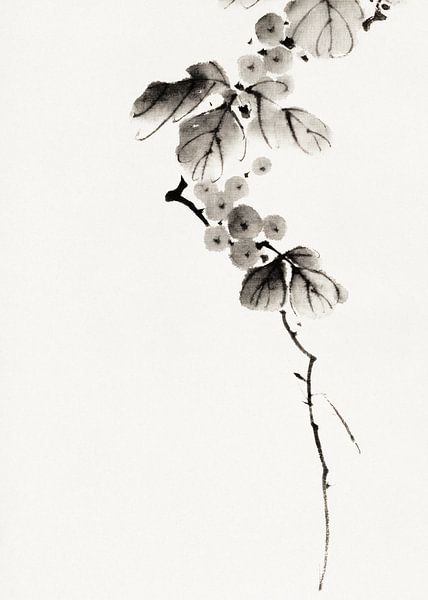 Japanese art. Berry branch by Katsushika Hokusai. Vintage painting by Dina Dankers