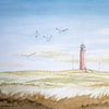 Aquarelle d'un paysage de dunes ; Le phare rouge sur l'île de Texel sur Galerie Ringoot
