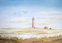 Aquarell einer Dünenlandschaft; Der rote Leuchtturm auf der Watteninsel Texel